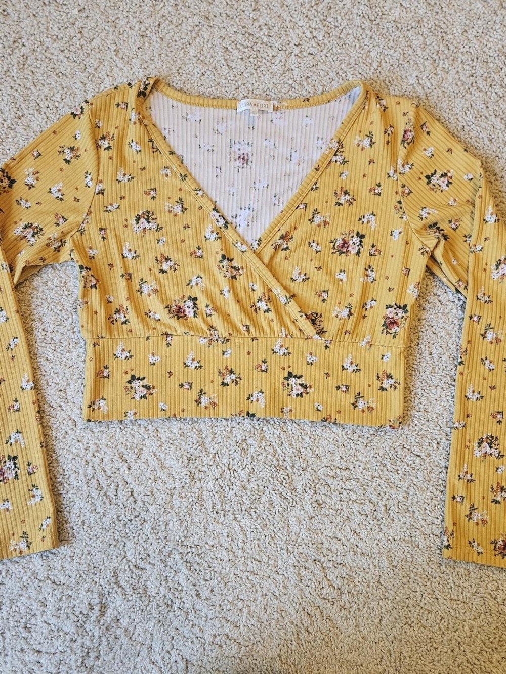Ultra Flirt Mustard Yellow Floral Ribbed Wrap Crop Top